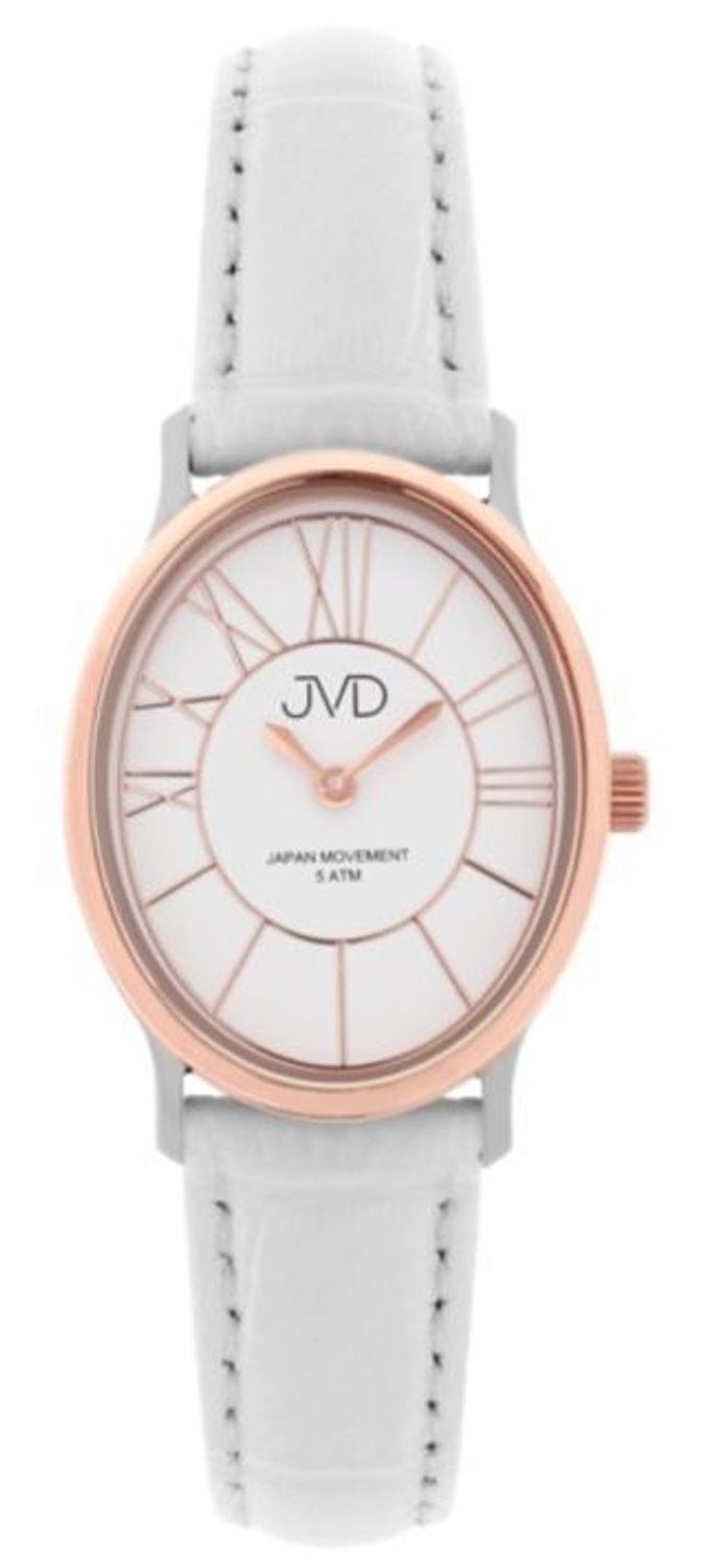 Zegarek damski na białym pasku JVD J4174.3. Zegarek damski na pasku skórzanym JVD J4174.3, posiada mechanizm japoński Miyota, zasilany za pomocą baterii. Elegancka tarcza zegarka z cyf.jpg