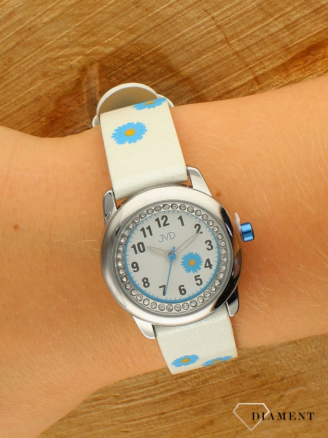 Zegarek dziecięcy dla dziewczynki JVD Brokatowe kwiatki niebieski J7118.2. Zegarek dziecięcy. Pomysł na prezent dla dziewczynki. Zegarek dla dziecka. Zegarek z brokatowym paskiem..jpg