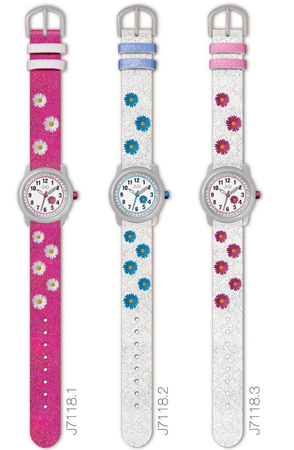 Zegarek dziecięcy dla dziewczynki JVD Brokatowe kwiatki niebieski J7118.2. Zegarek dziecięcy. Pomysł na prezent dla dziewczynki. Zegarek dla dziecka. Zegarek z brokatowym paskiem..jpg