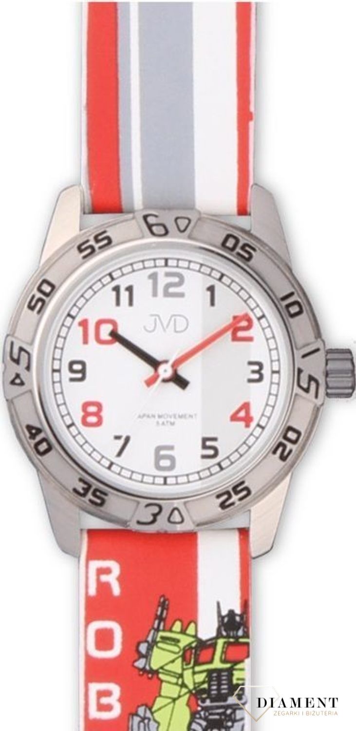 Zegarek dziecięcy JVD J7167.3 robot, który został wyposażony jest w kwarcowy mechanizm, zasilany za pomocą baterii. Pasek, z wizerunkiem robota to idealny i wymarzony prezent dla chłopca. Koperta zegarka wykonana z.jpg
