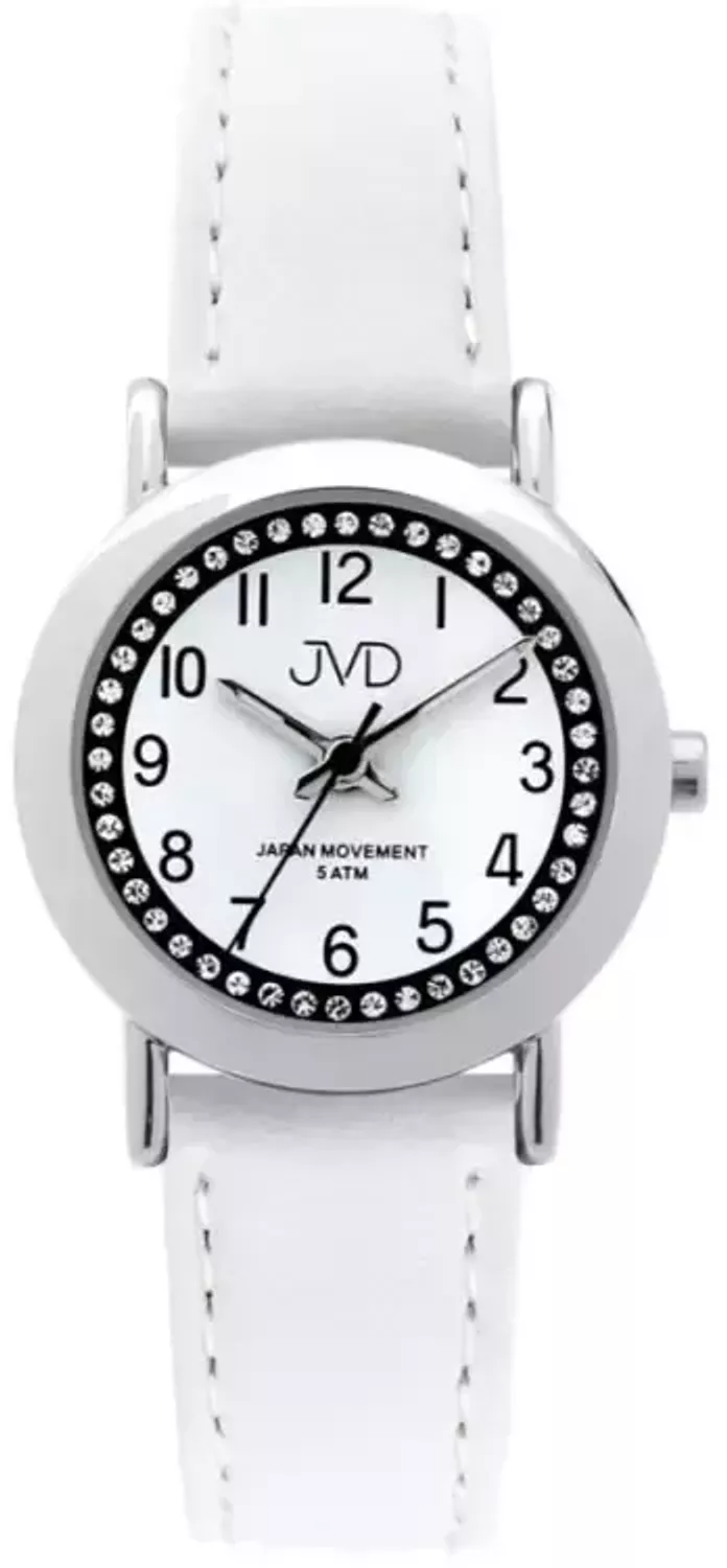 Zegarek dziewczęcy JVD J7179.6 z białym paskiem i cyrkoniami. Wodoodporny 50 m, elegancki i wygodny. Idealny na prezent + grawer gratis!.webp
