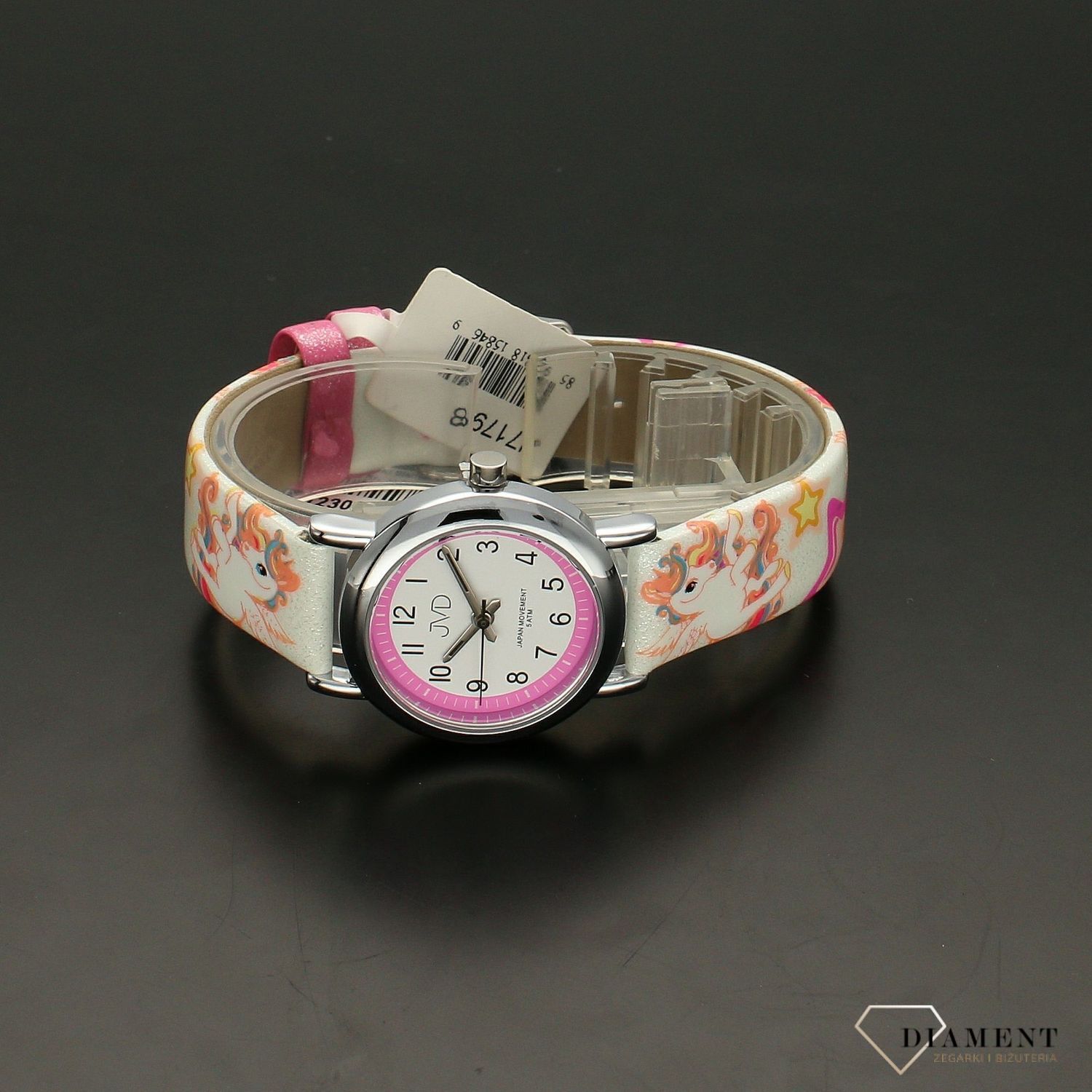 Zegarek dla dziecka na białym pasku JVD Jednorożce J7179.8.jpg