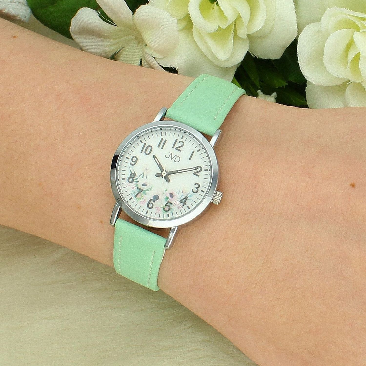 Zegarek dziecięcy JVD KIDS J7184.24 – kwiatki, pastelowy zielony pasek + grawer gratis (3).jpg