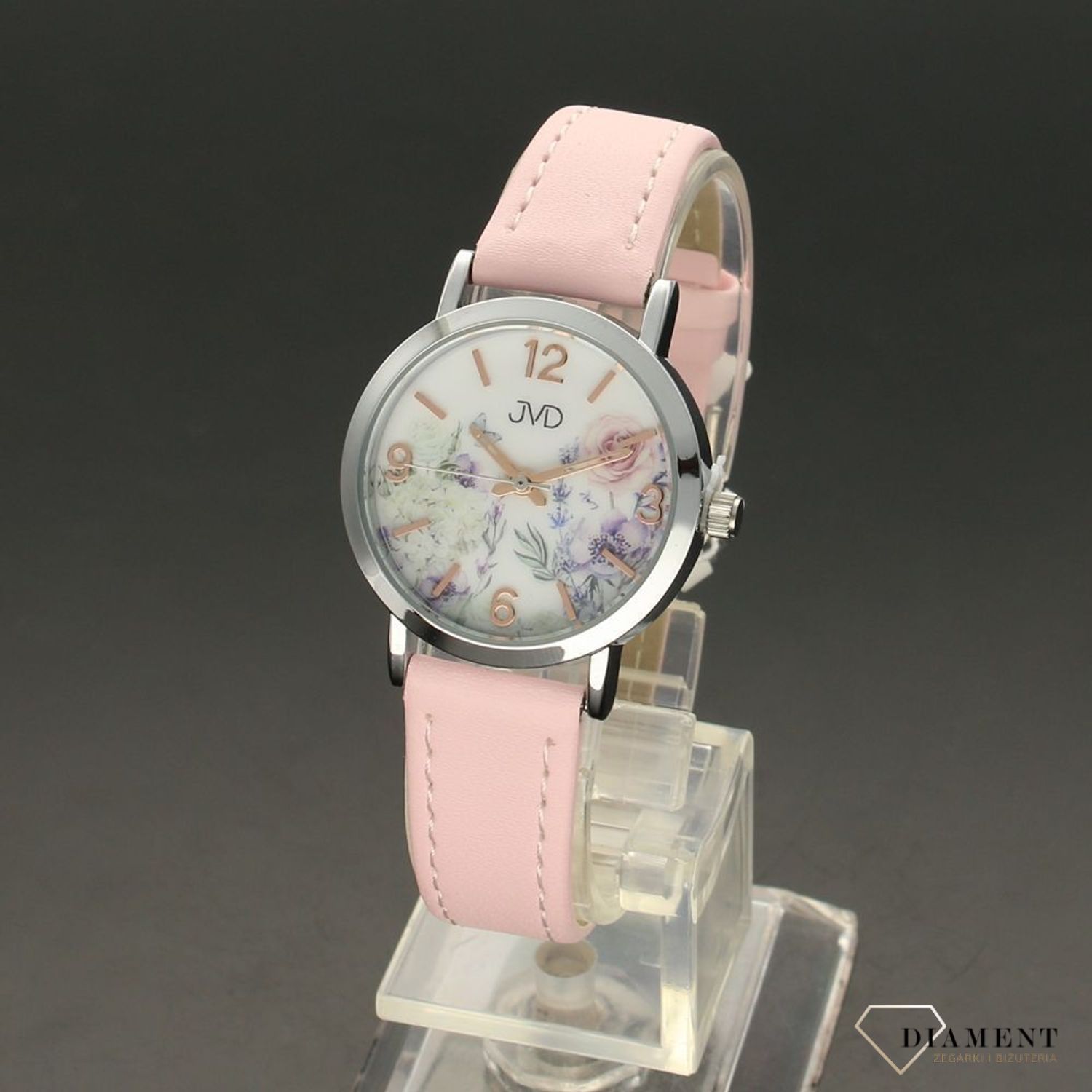 Zegarek dziecięcy z ozdobna tarczą w kwieciste wzory. Zegarek z skórzanym paskiem w kolorze pudrowego różu. Darmowa wysyłka i grawer gratis!.jpg