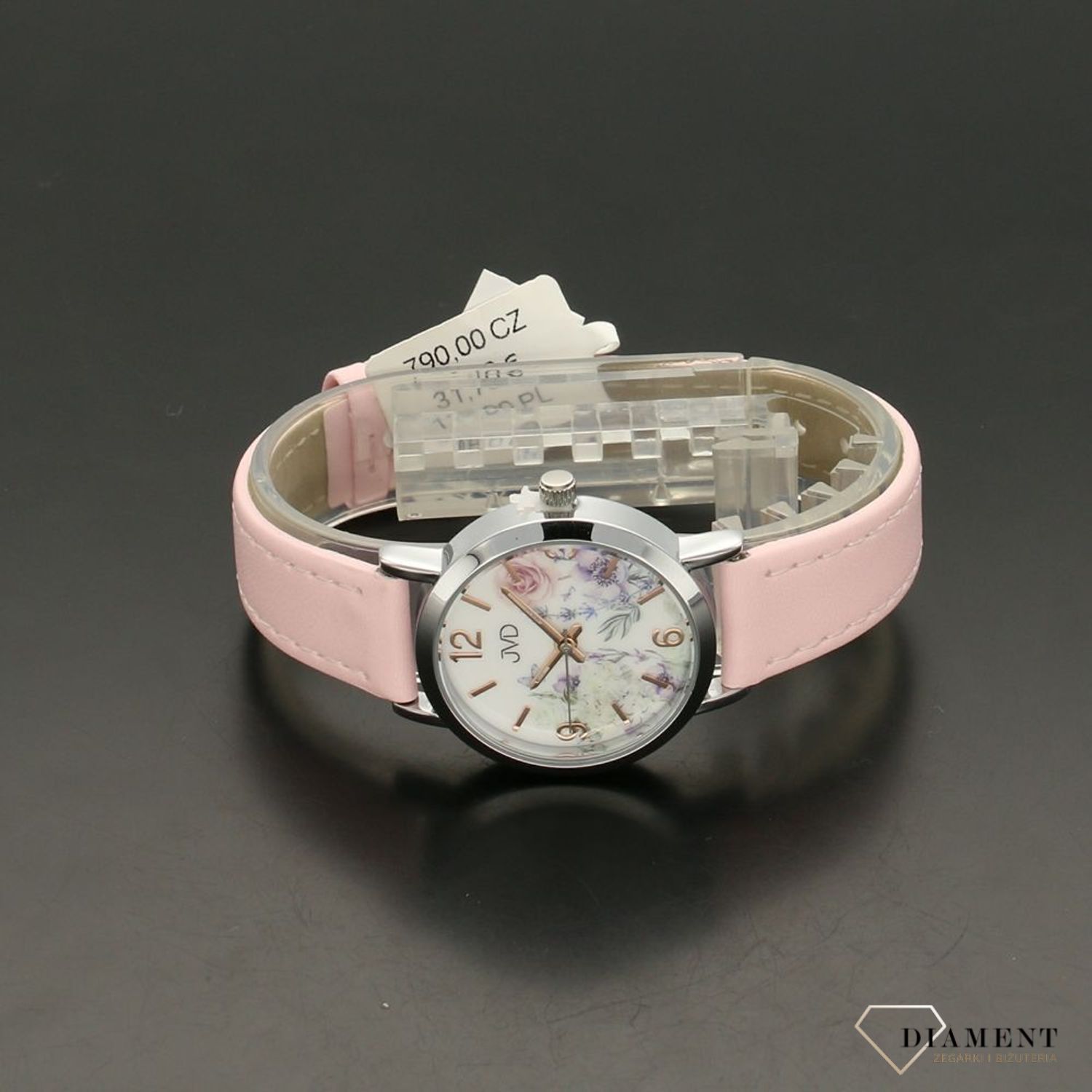 Zegarek dziecięcy z ozdobna tarczą w kwieciste wzory. Zegarek z skórzanym paskiem w kolorze pudrowego różu. Darmowa wysyłka i grawer gratis!.jpg