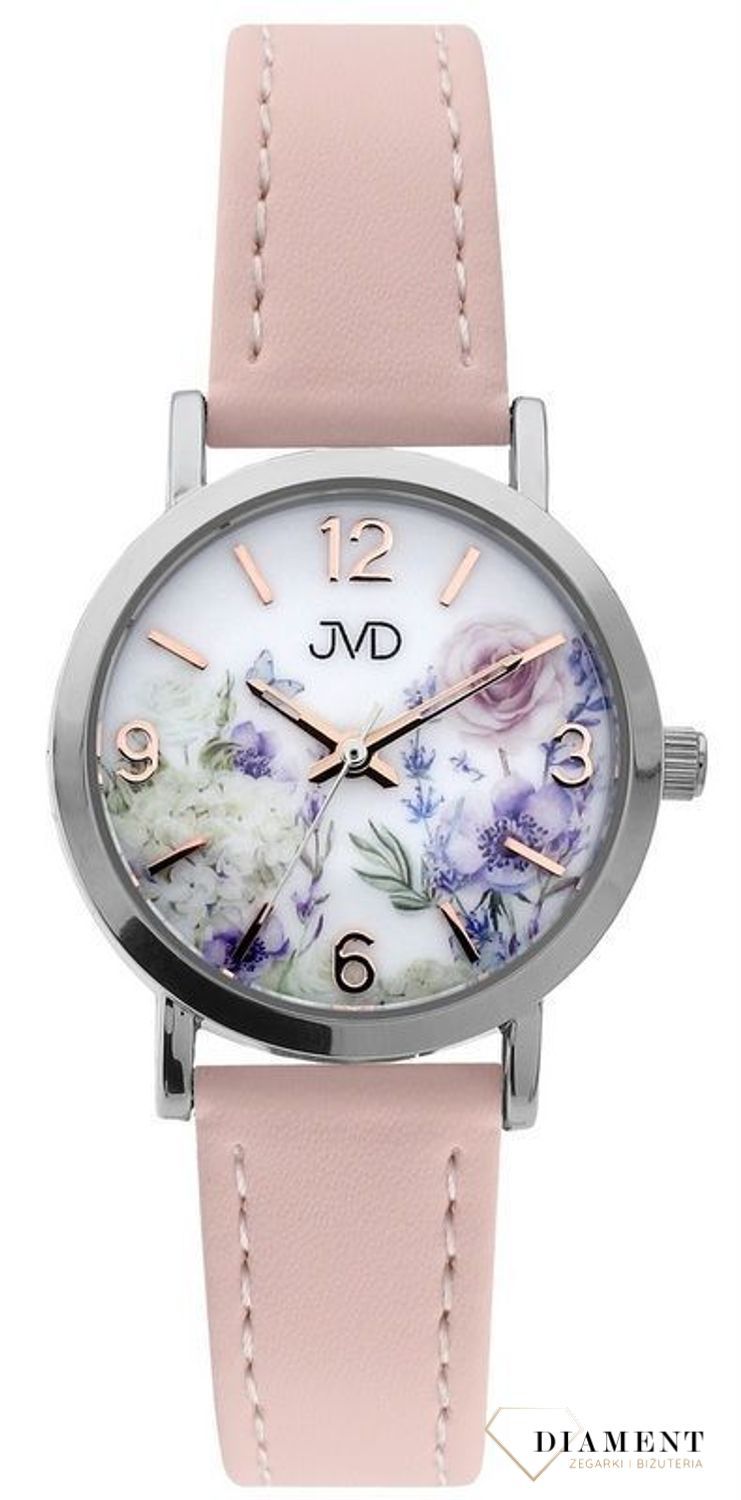 Zegarek dziecięcy z ozdobna tarczą w kwieciste wzory. Zegarek z skórzanym paskiem w kolorze pudrowego różu. Darmowa wysyłka i grawer gratis!.jpg