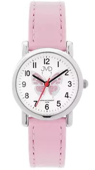 Stylowy zegarek dziecięcy JVD J7199.4 z białą tarczą, czarnymi cyframi arabskimi i różowo-szarym motylem.webp