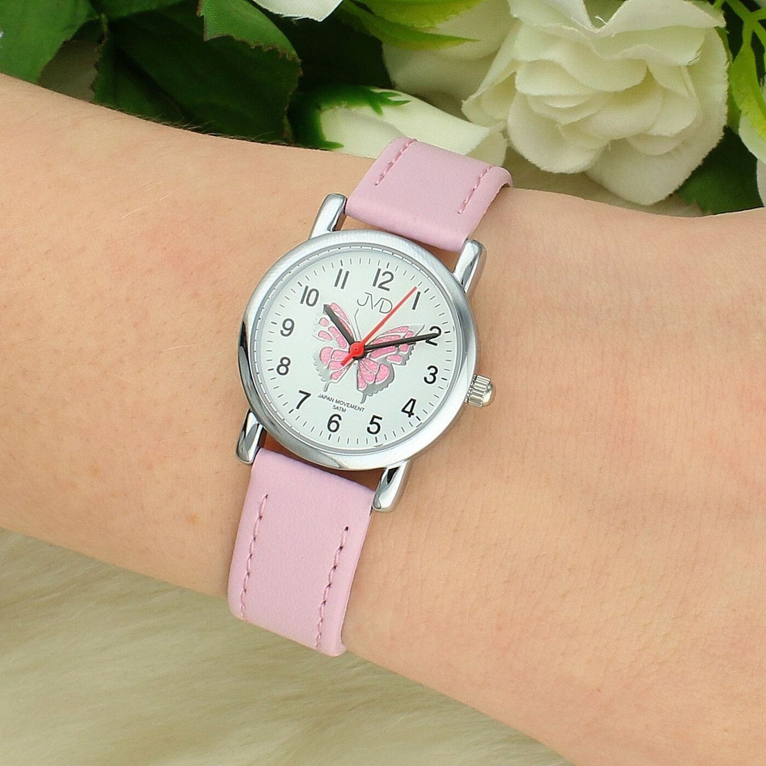 Zegarek dziecięcy JVD J7199.4 – Pudrowy różowy motyl, grawer gratis, pasek różowy (2).jpg