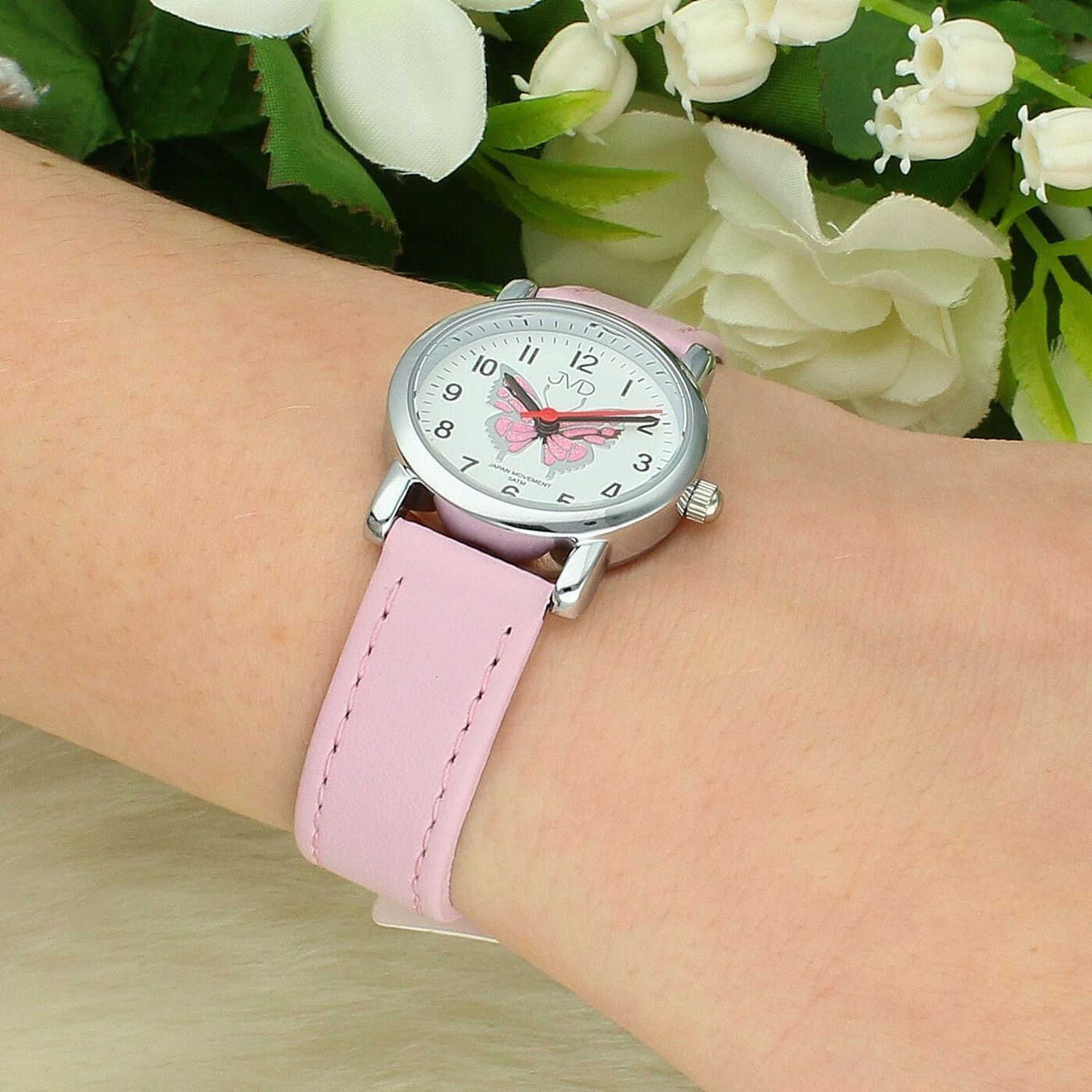 Zegarek dziecięcy JVD J7199.4 – Pudrowy różowy motyl, grawer gratis, pasek różowy (2).jpg