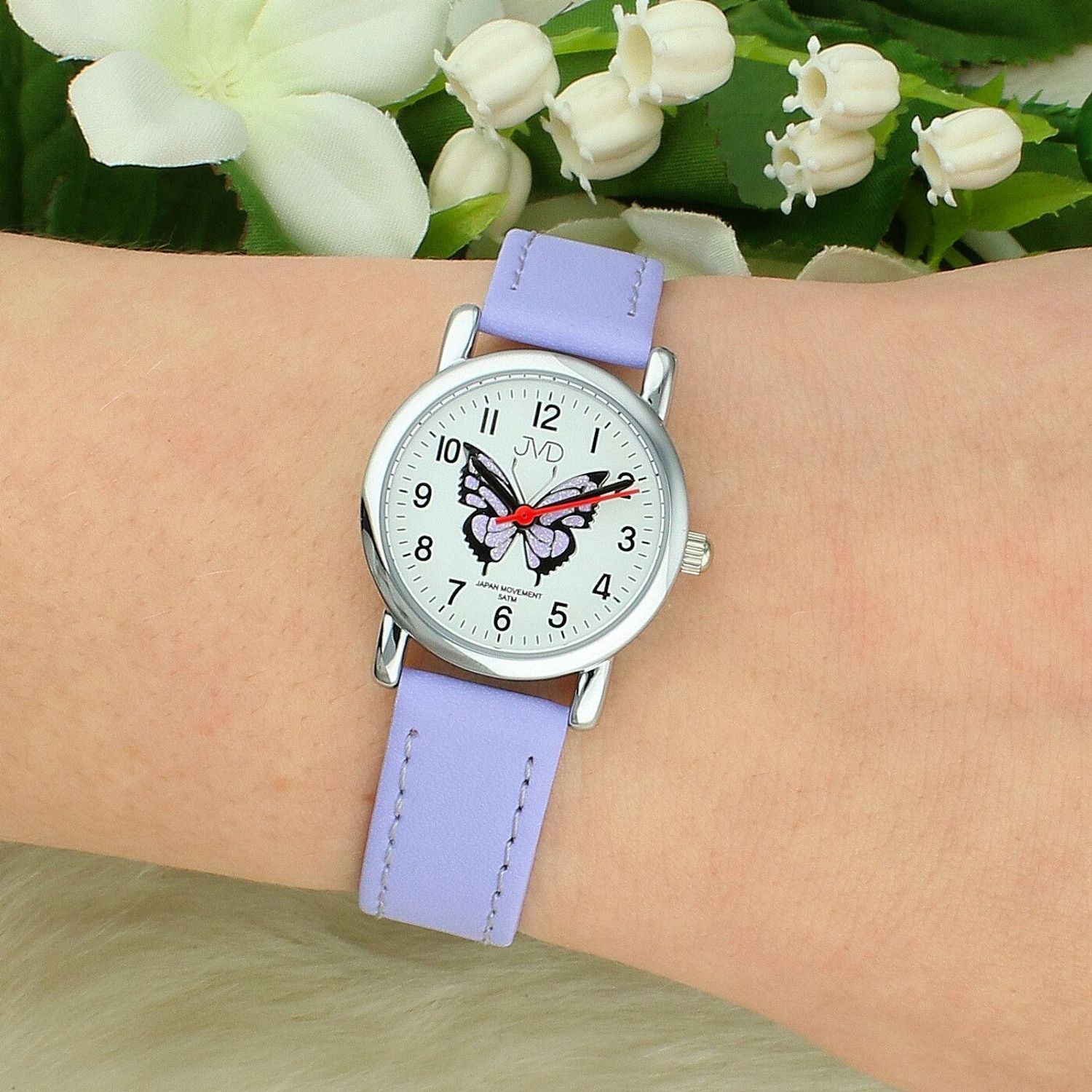 Zegarek dziecięcy JVD J7199.6 – Pudrowo fioletowy motyl, grawer gratis, pasek fioletowy (2).jpg