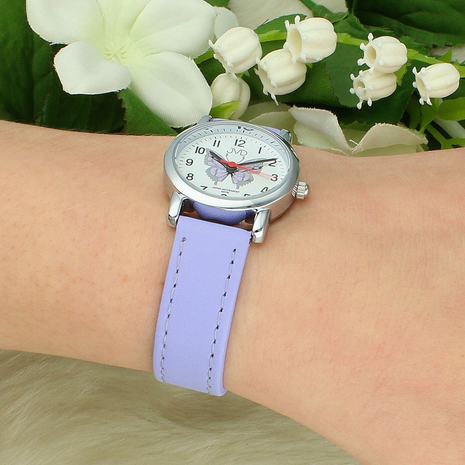 Zegarek dziecięcy JVD J7199.6 – Pudrowo fioletowy motyl, grawer gratis, pasek fioletowy (2).jpg