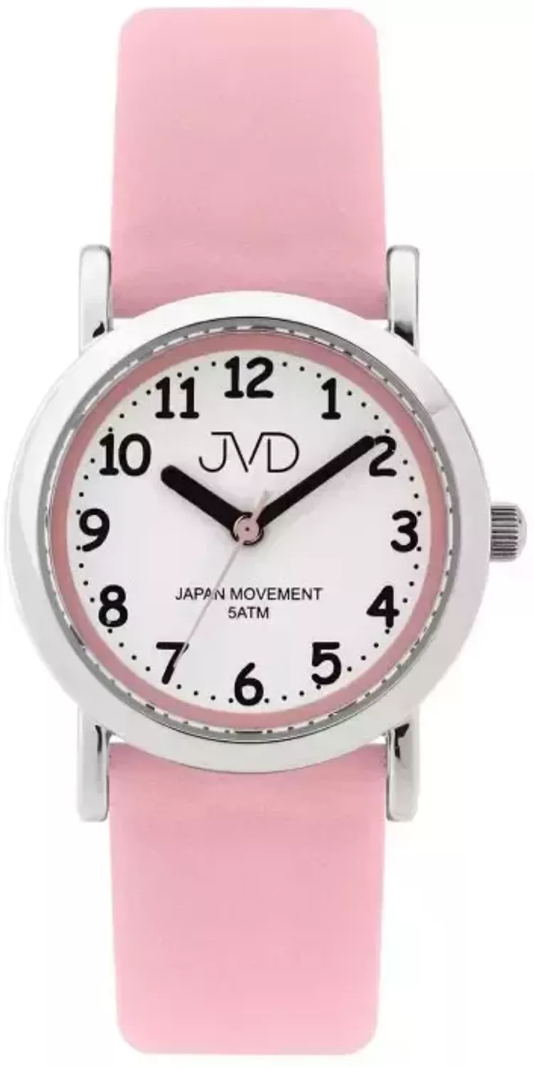 Zegarek dziecięcy JVD J7200.1 z różowym paskiem i białą tarczą. Czytelne cyfry, lekki i wygodny model 28 mm + grawer gratis!.webp
