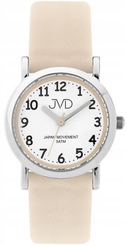Zegarek dziecięcy JVD J7200.2 z beżowym paskiem, białą tarczą i czarnymi cyframi arabskimi..jpg