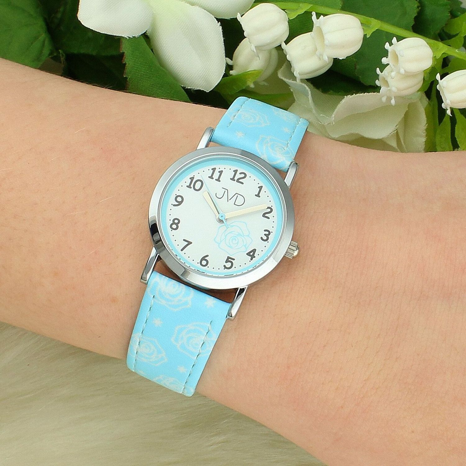Zegarek dziecięcy JVD J7205.2 – pudrowo niebieski z motywem róży, grawer gratis (2).jpg