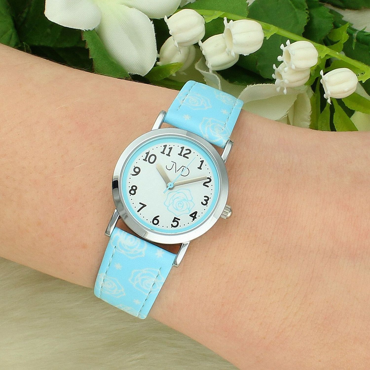 Zegarek dziecięcy JVD J7205.2 – pudrowo niebieski z motywem róży, grawer gratis (2).jpg