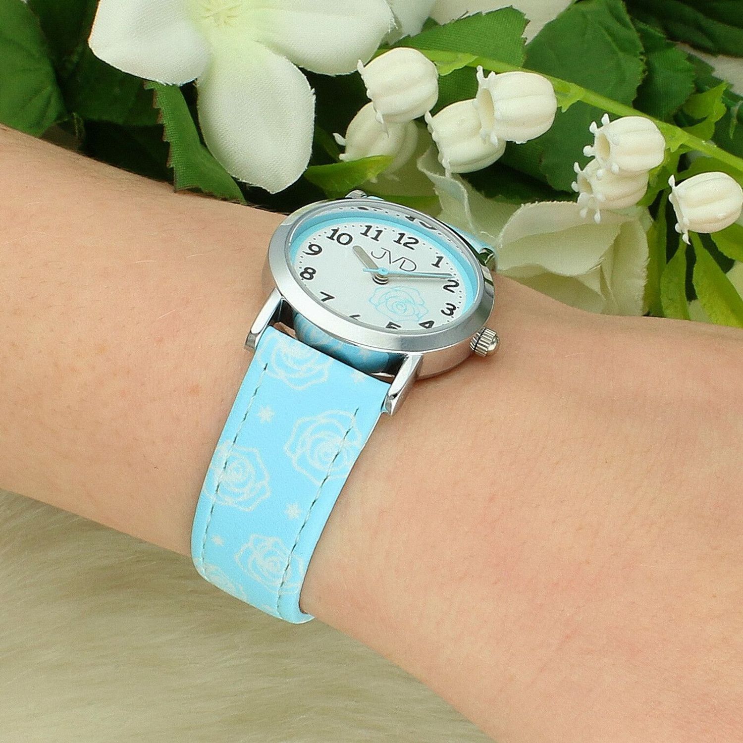 Zegarek dziecięcy JVD J7205.2 – pudrowo niebieski z motywem róży, grawer gratis (2).jpg