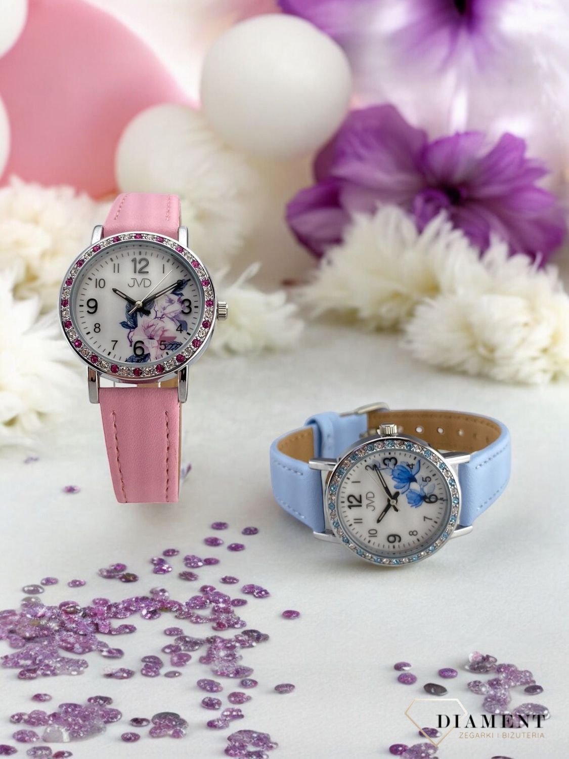 Zegarek dla dziewczynki. Różowy zegarek JVD dla dziewczynki. Zegarek dziecięcy z cyrkoniami. Zegarek dla dziewczynki na prezent..jpg