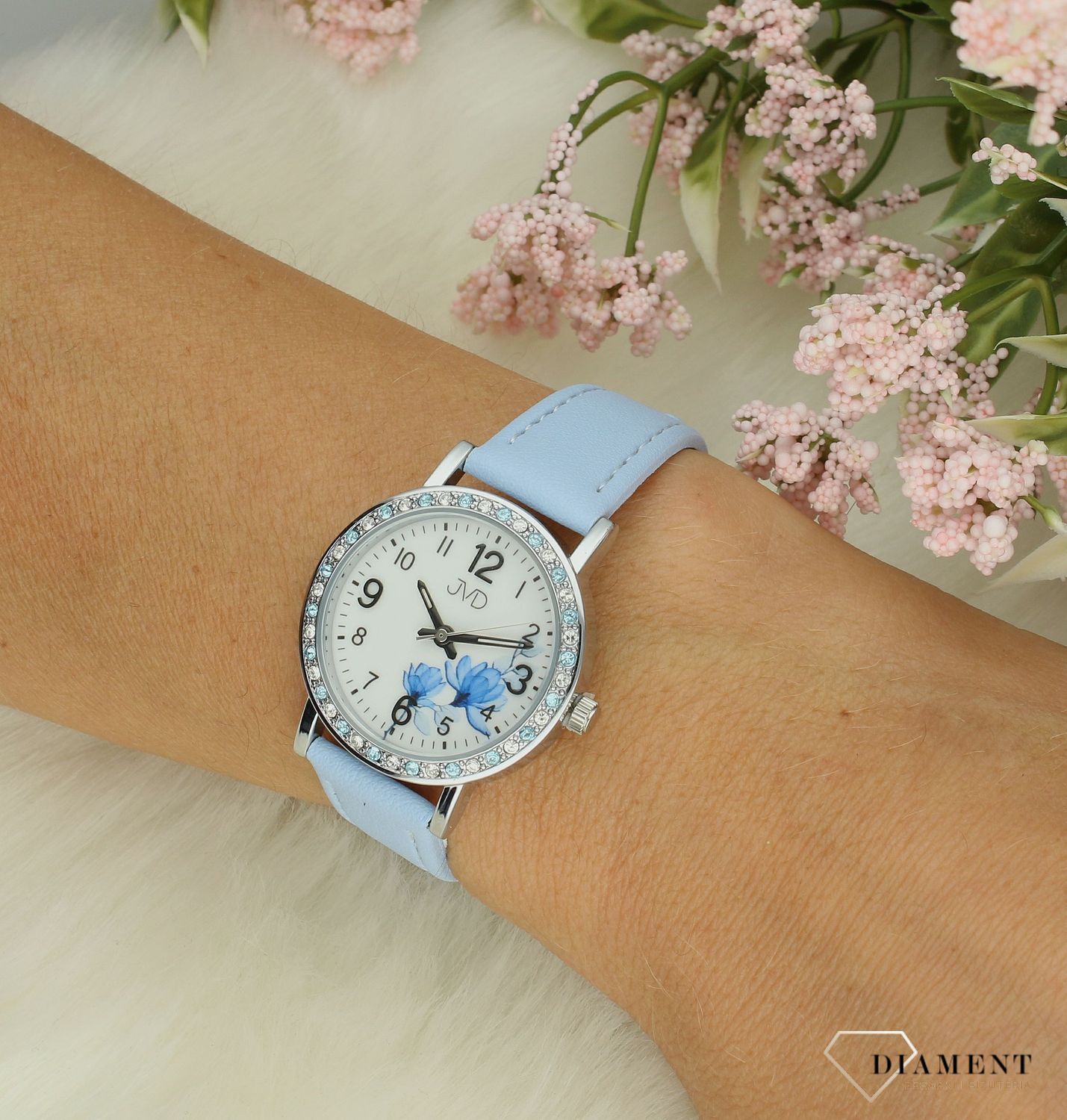 Zegarek dla dziewczynki. Różowy zegarek JVD dla dziewczynki. Zegarek dziecięcy z cyrkoniami. Zegarek dla dziewczynki na prezent..jpg