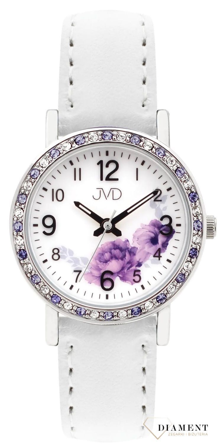 Zegarek dla dziewczynki JVD z cyrkoniami na białym pasku J7207.7. Zegarek dla dziewczynki. Zegarek JVD dla dziewczynki na białym pasku. Zegarek dziecięcy z cyrkoniami. Zegarek dla dziewczynki na prezent..jpg