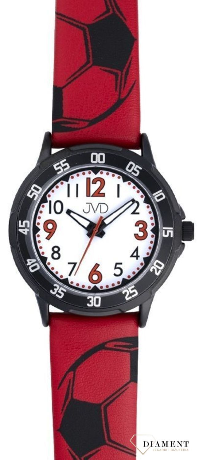 Zegarek dziecięcy JVD J7220.3 czrwony, piłki. Zegarek dla dziecka JVD KIDS J7220.3, który został wyposażony jest w kwarcowy mechanizm, zasilany za pomocą baterii. Cerwony, pasek z wizerunkiem piłek to idealny i wyma.jpg