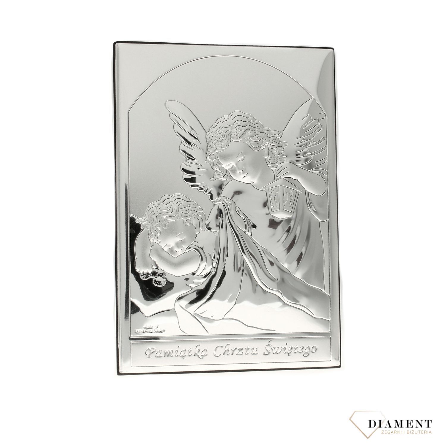 Obrazek przedstawiający wizerunek Anioła Stróża z dzieciątkiem, wykonany techniką laminatu z aluminium i srebra. To znakomita ozdoba każdego dziecięcego pokoju (2).jpg