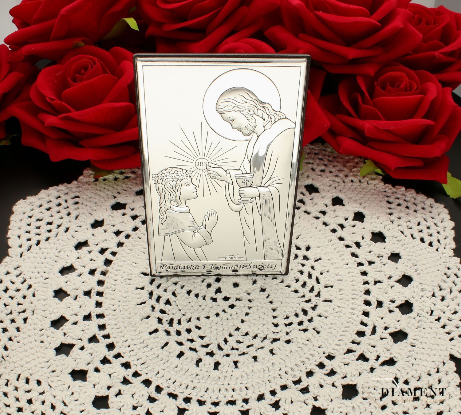 Obrazek srebrny I Komunia Święta dziewczynka z Jezusem JAP7613L.jpg