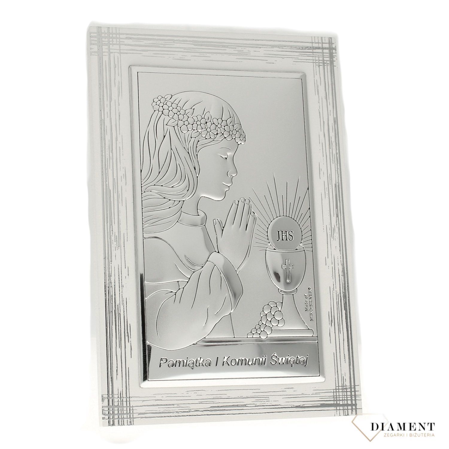 Obrazek srebrny z wizerunkiem dziewczynki pochylającej się nad kielichem to doskonała pamiątka Pierwszej Komunii Świętej, która odda piękno tego sakramentu (2).jpg