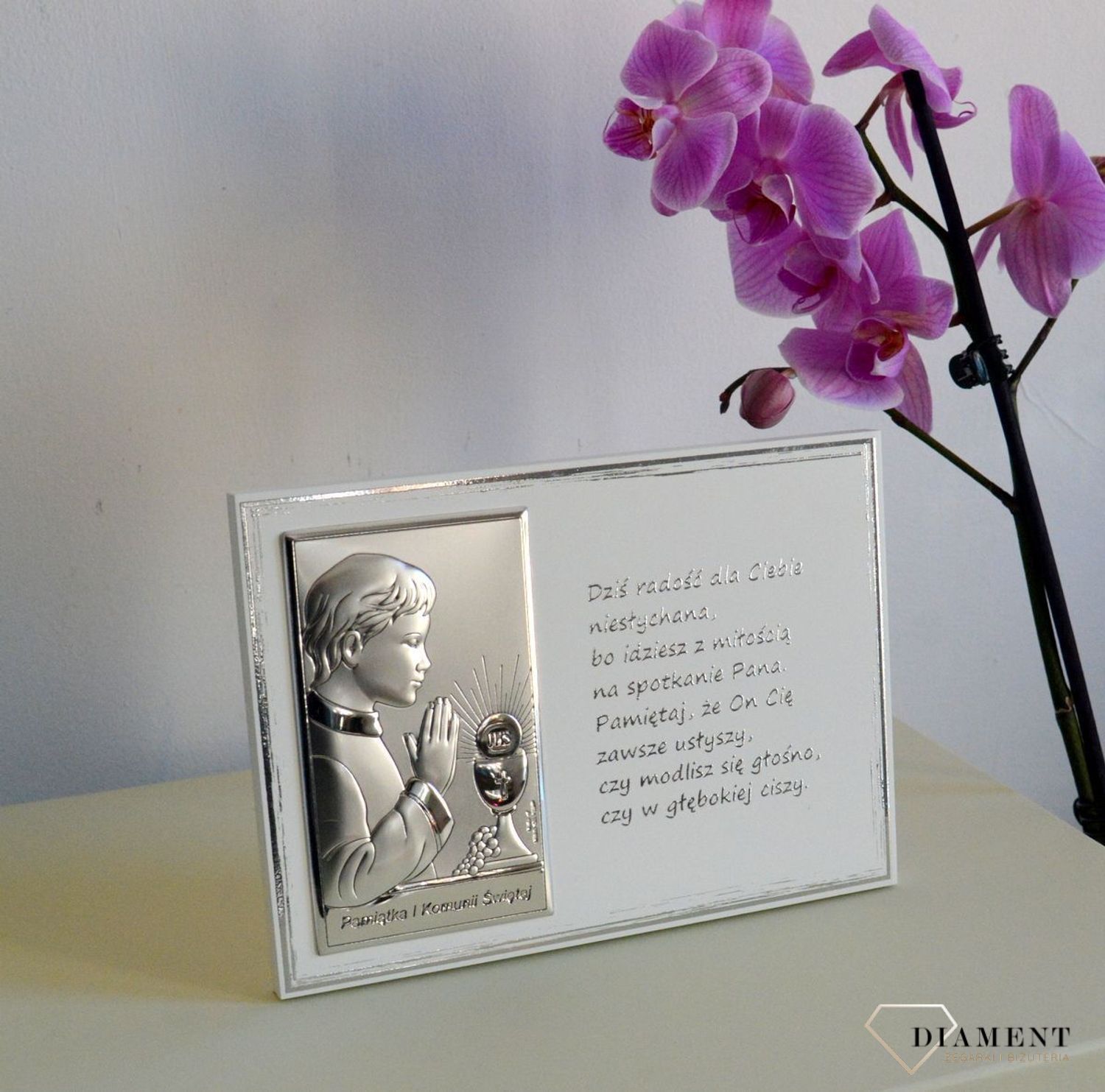 Obrazek srebrny z modlitwą I Komunia Święta Chłopca JAP7734L.jpg