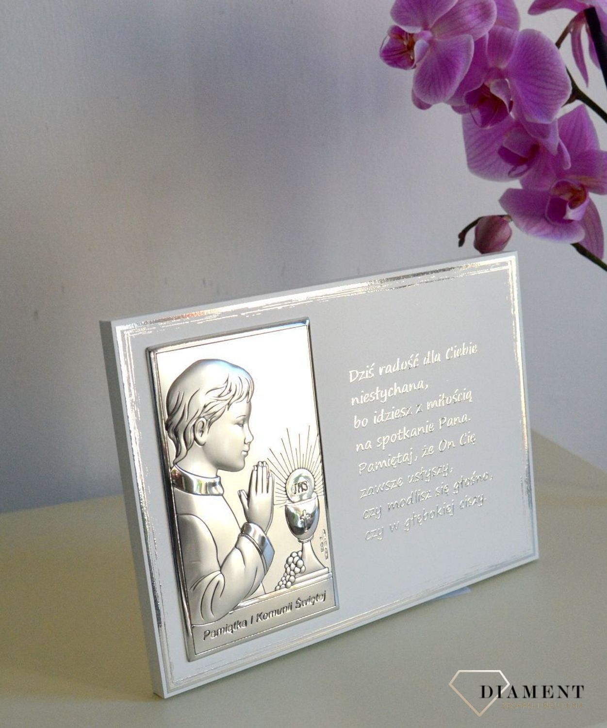 Obrazek srebrny z modlitwą I Komunia Święta Chłopca JAP7734L.jpg