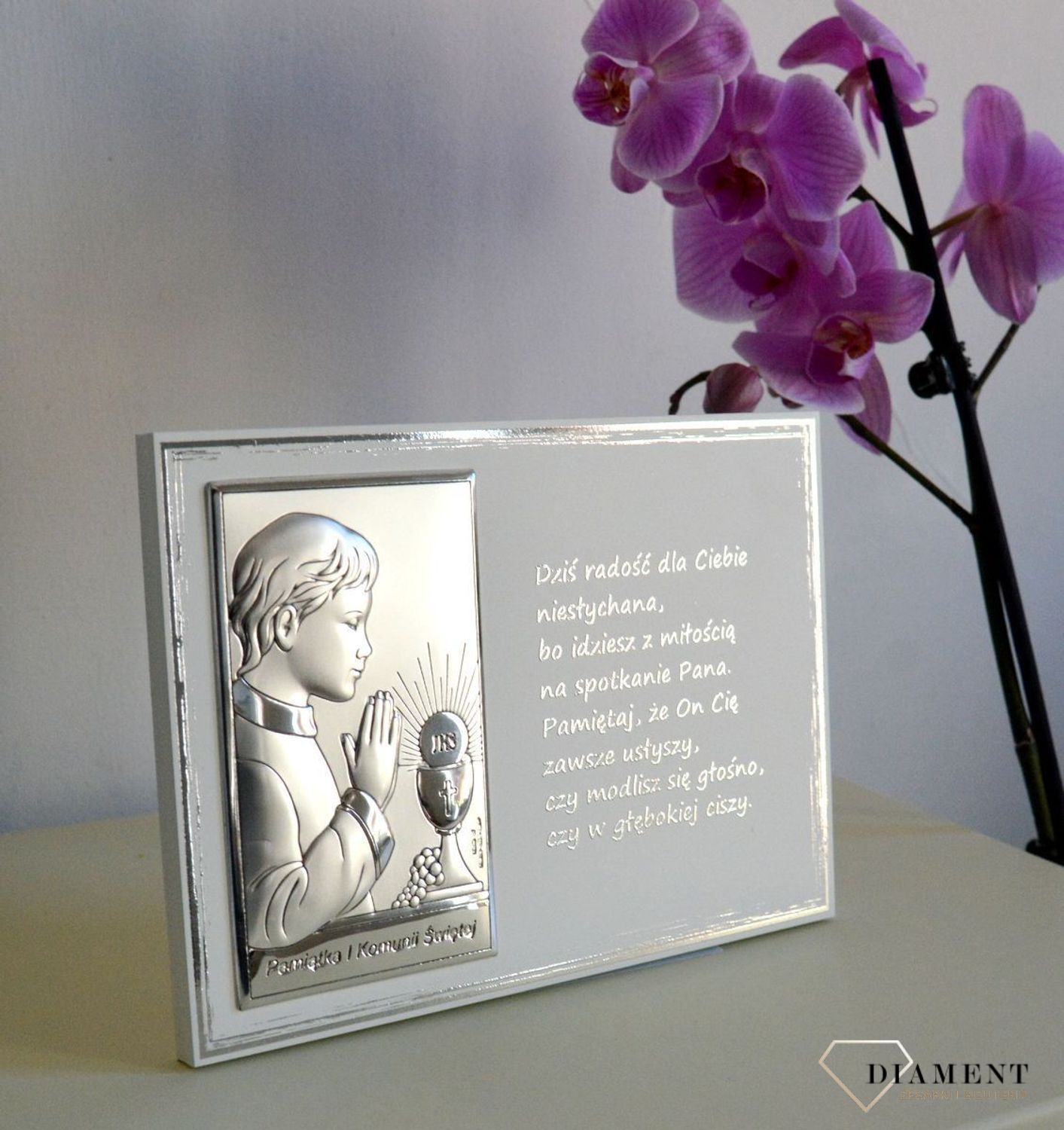 Obrazek srebrny z modlitwą I Komunia Święta Chłopca JAP7734L.jpg