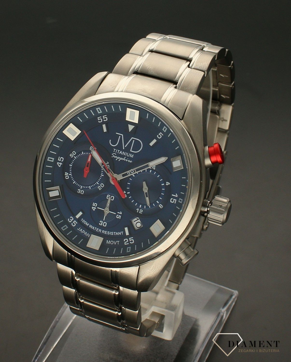 Zegarek męski JVD tytanowy na bransolecie Chronograf granat JE2005.2. Zegarek męski srebrny. Zegarek tytanowy. Zegarek męski na bransolecie. Zegarek z datownikiem. Zegarek męski klasyczny. Zegarek ze stoperem. Zegarek idealn.jpg