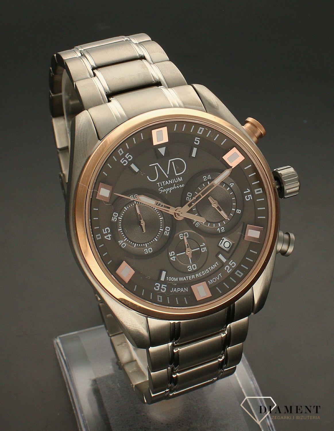 Zegarek męski JVD tytanowy na bransolecie Chronograf brąz JE2005.3.  Zegarek męski srebrny. Zegarek tytanowy. Zegarek męski na bransolecie. Zegarek z datownikiem. Zegarek męski klasyczny. Zegarek ze stoperem. Zegarek idealny (5).jpg
