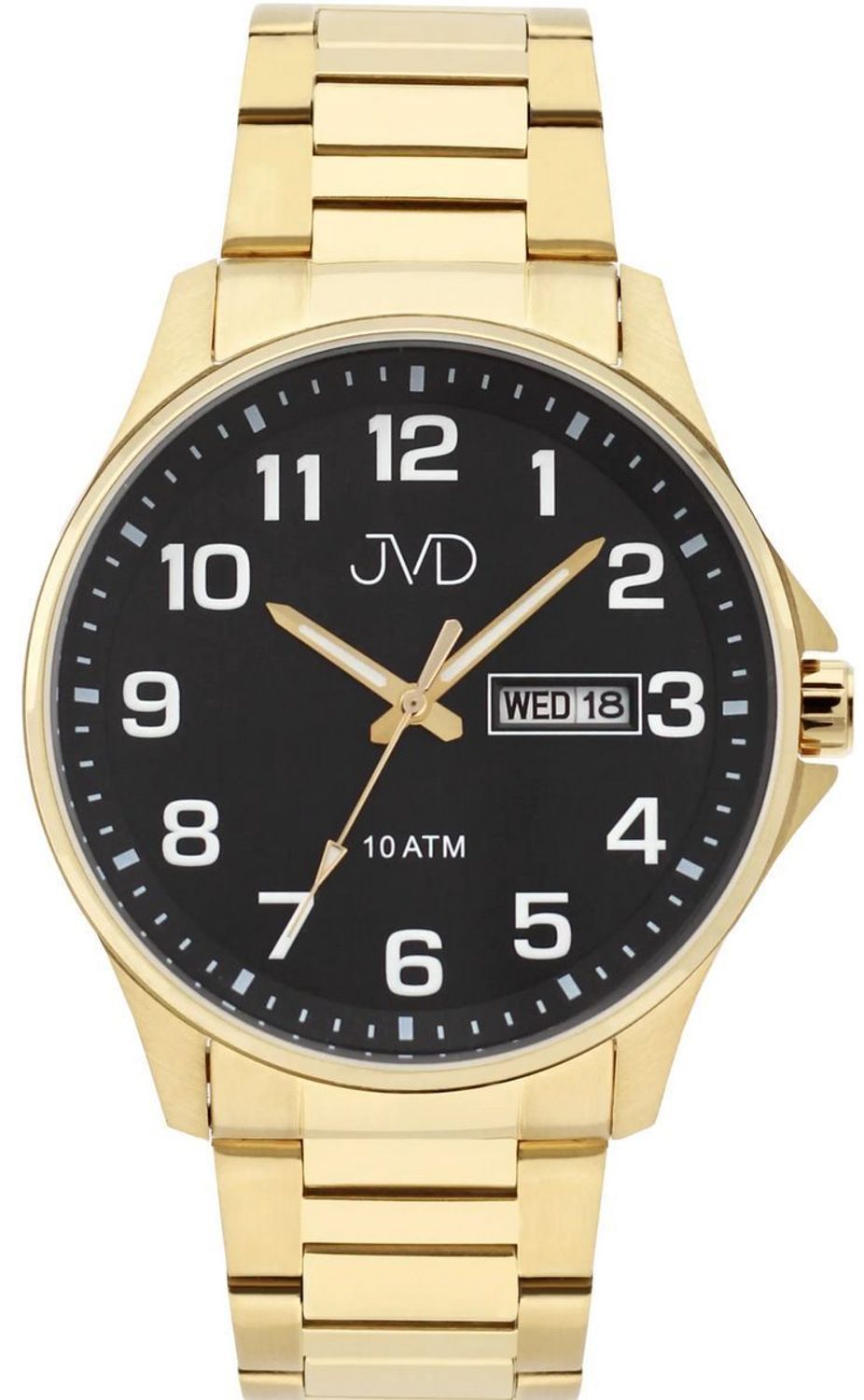 JVD JE611.5 – sportowy zegarek męski z japońskim mechanizmem Miyota, kopertą PVD w złotym kolorze, czarną tarczą i metalowym paskiem. Wodoszczelność 10 ATM.1.jpg