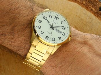 Zegarek Męski JVD JE611.8 - złota koperta, stalowa bransoleta, okno datownika.jpg