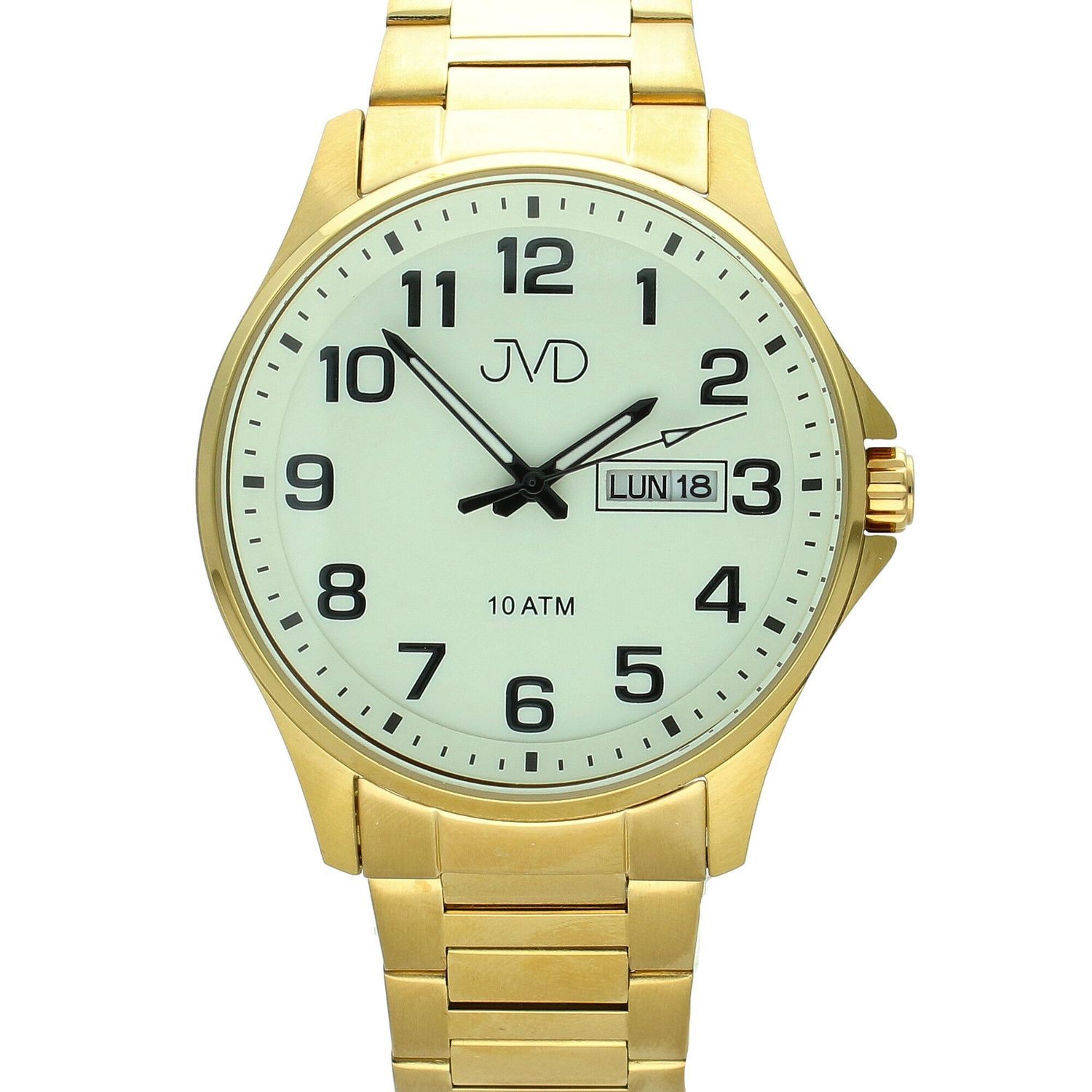 Zegarek Męski JVD JE611.8 - złota koperta, stalowa bransoleta, okno datownika tarcz.jpg