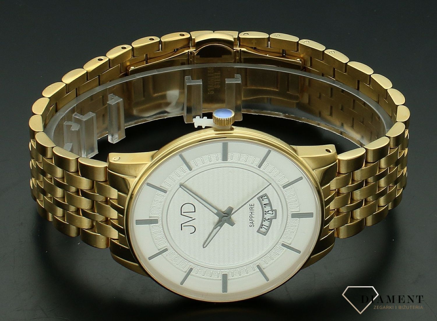 Zegarek męski JVD na bransolecie w złotym kolorze szafirowe szkło JE613.2. Męski zegarek na bransolecie. Zegarek męski z szafirowym szkłem. Zegarek męski JVD w złotym kolorze. Zegarek na bransolecie z czytelną tarczą. Męski zegarek na prezent (1).jpg