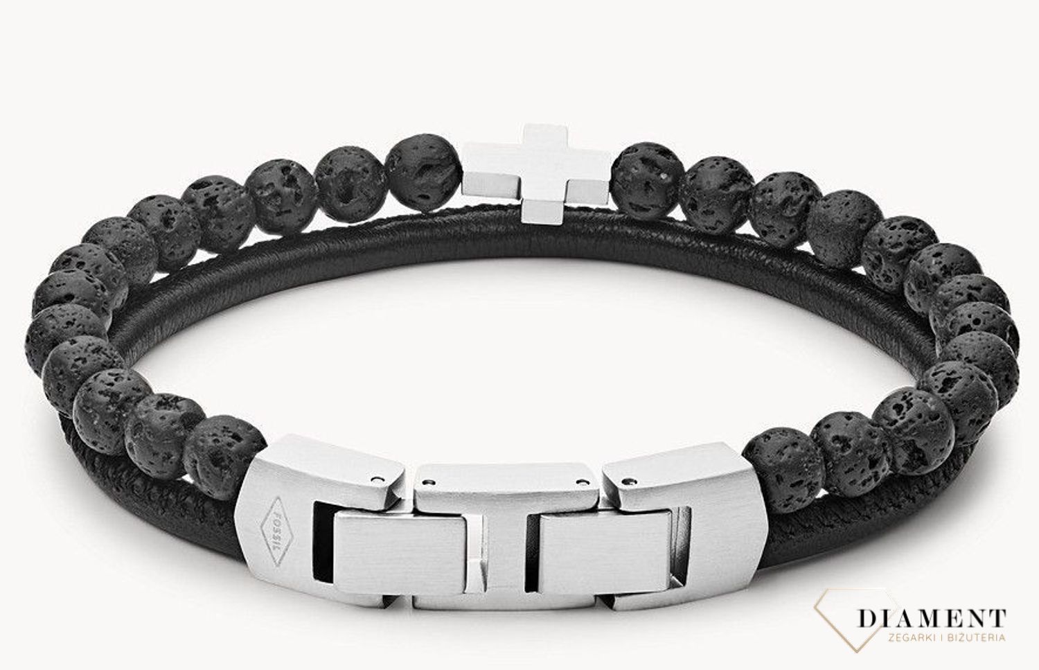 Bransoletka męska wykonana z wysokiej jakości skóry naturalnej w kolorze czarnym oraz kamieniami lawy z ozdobnym, stalowym krzyżykiem. Biżuteria męska.  (3).jpg