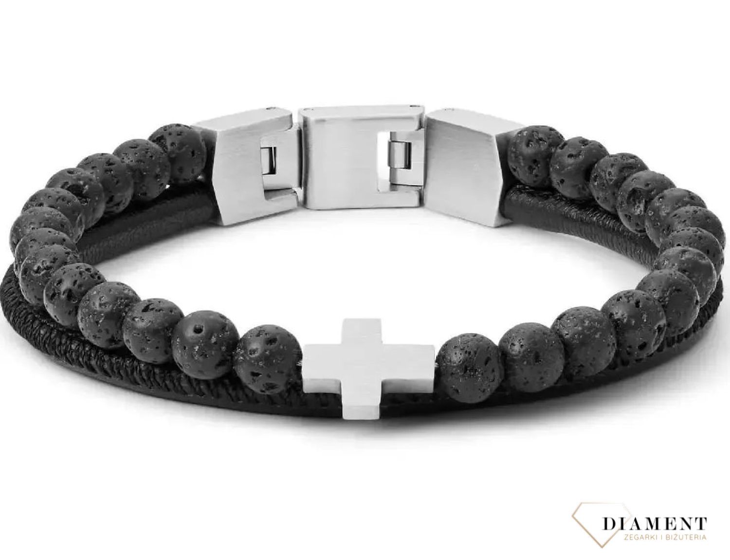 Bransoletka męska wykonana z wysokiej jakości skóry naturalnej w kolorze czarnym oraz kamieniami lawy z ozdobnym, stalowym krzyżykiem. Biżuteria męska.  (3).jpg