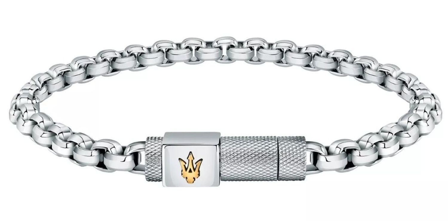 Bransoletka męska stalowa Maserati srebrna z logo i elementem ozdobnym JM223ATK25. Męska bransoletka Maserati. Bransoletka męska z logo. Bransoletka męska Maserati. Bransoletka włoskiej marki Maserati na prezent dla mężczyzny..jpg