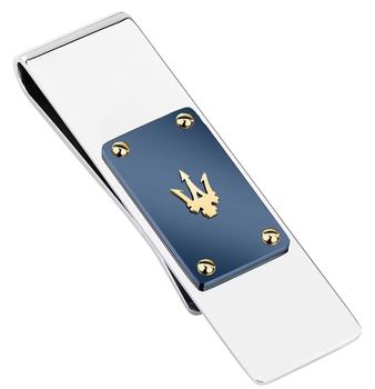 Elegancki klips na pieniądze Maserati Iconic JM225AVD92 ze stali nierdzewnej z niebieskim środkiem i złotym logo. Stylowy dodatek dla mężczyzn.1.jpg