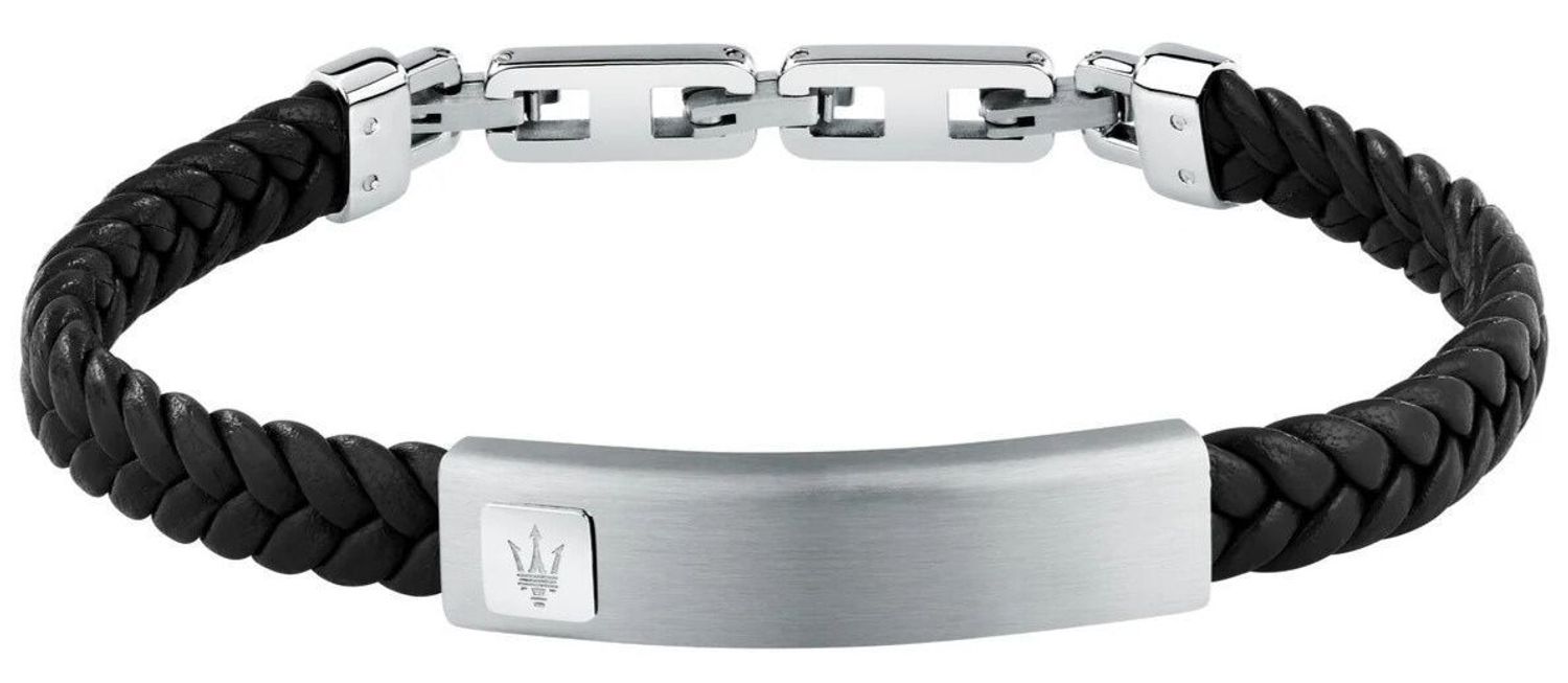 Bransoletka męska Maserati Recycled Leather z czarnej skóry z recyklingu, stalowa płytka z trójzębem, regulowana długość i zapięcie na zatrzask.1.jpg