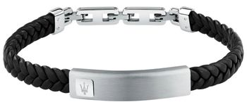 Bransoletka męska Maserati Recycled Leather z czarnej skóry z recyklingu, stalowa płytka z trójzębem, regulowana długość i zapięcie na zatrzask.1.jpg