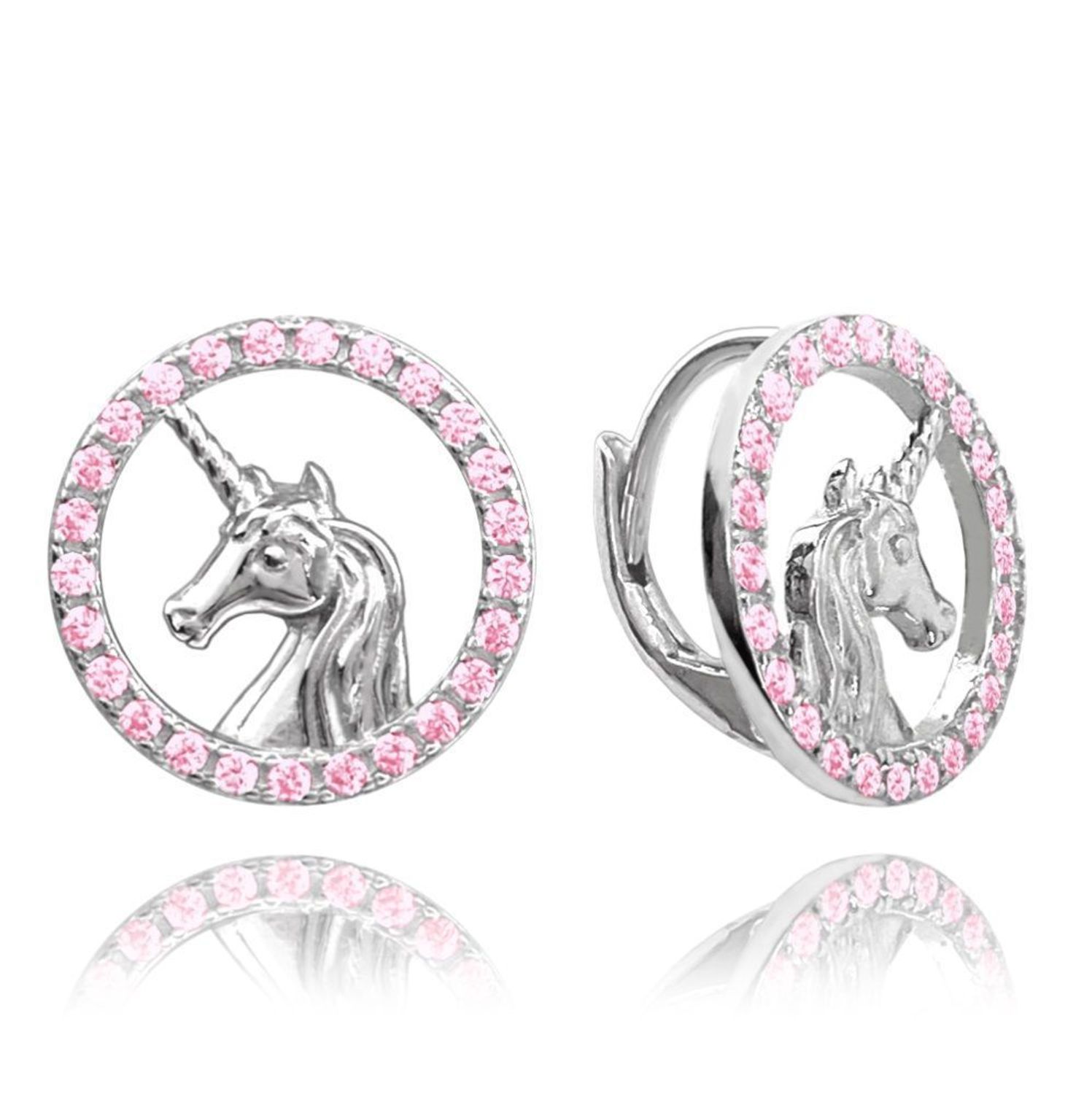 Srebrne kolczyki 'Jednorożce otoczone różowymi cyrkoniami' JMAD0028PE00.jpg