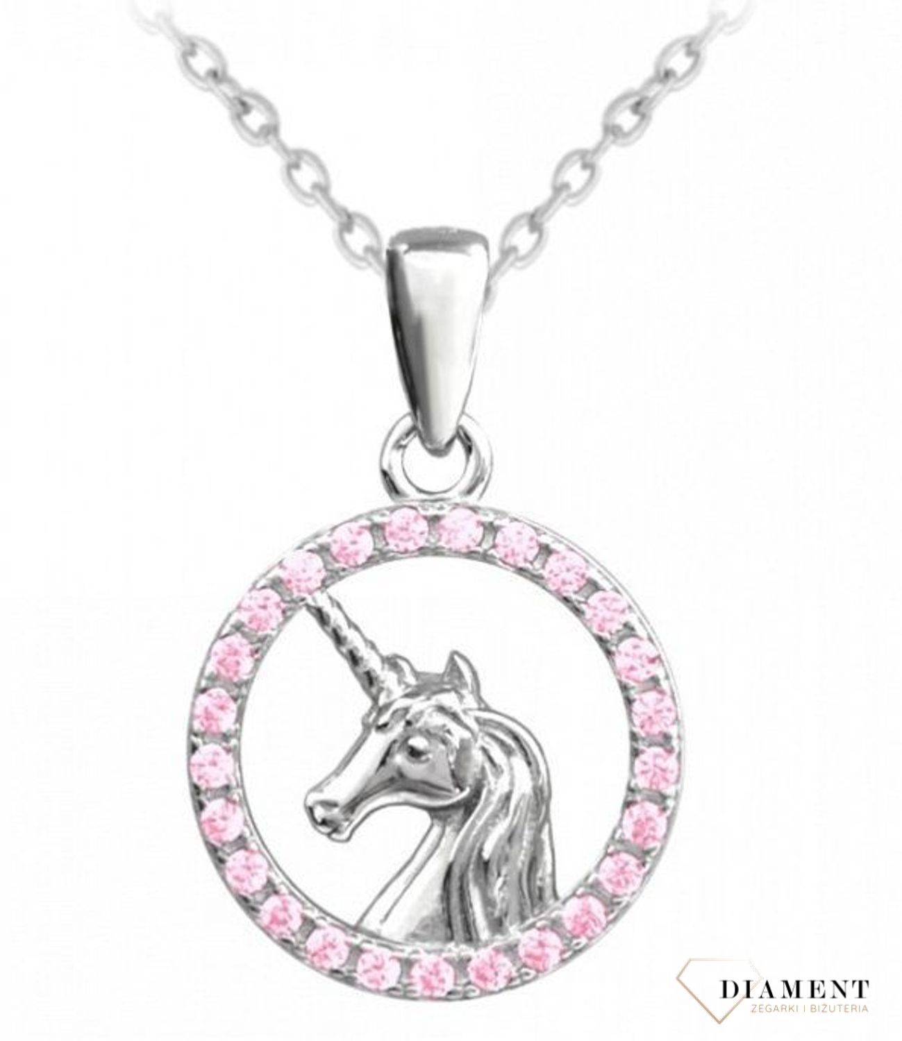 Srebrny naszyjnik dla dziecka 'Jednorożec otoczony różowymi cyrkoniami' JMAD0028PN38.jpg