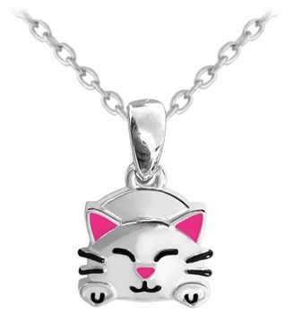 Naszyjnik srebrny uroczy kotek z różową emalią JMAD0034SN42.  Doskonały na prezent dla wielbicieli zwierząt. Ta urokliwa biżuteria spodoba się szczególnie dziewczynkom i nastolatkom. Róż przepięknie w.jpg