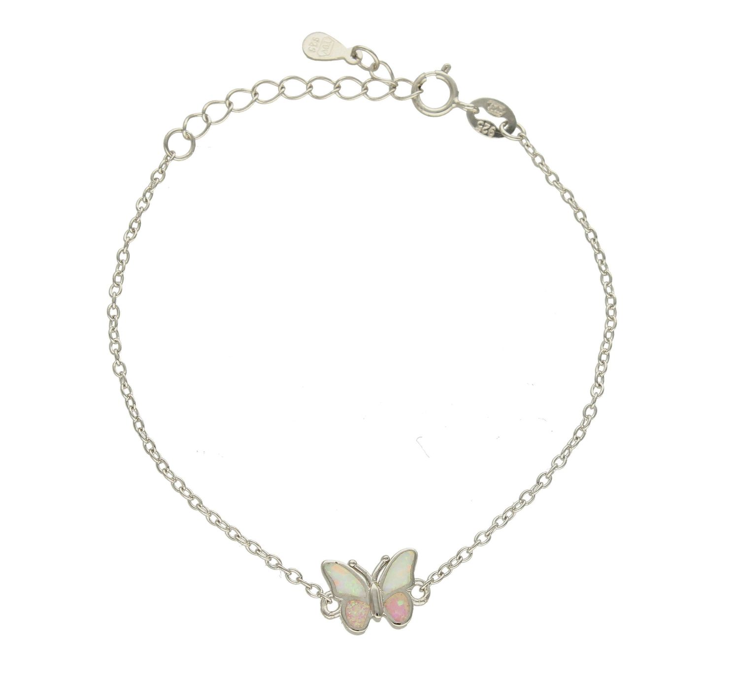 Srebrna bransoletka dla dziewczynki motylek z różowym opalem JMAD0040PB14.  Niesamowita bransoletka wykonana z najwyższej próby srebra z subtelnym elementem motylka. Idealny pomysł na prezent.. Subtelna ozdoba, która świetni.jpg