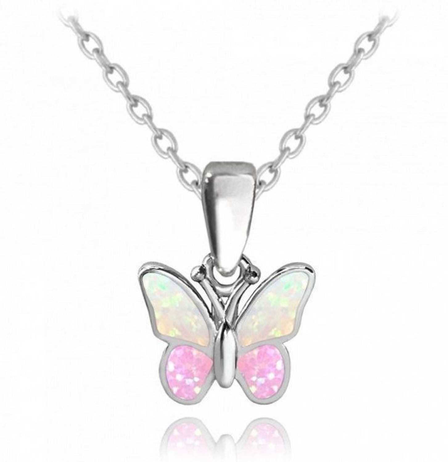 Srebrny naszyjnik błyszczący motyl z różowym opalem JMAD0040PN38. Naszyjnik srebrny dla dziewczynki motylek, naszyjniki srebrne dziecięce to wymarzony prezent dla dziecka z okazji urodzin lub jako prezent na każda okazję. Idealnie sprawdzi si.jpg