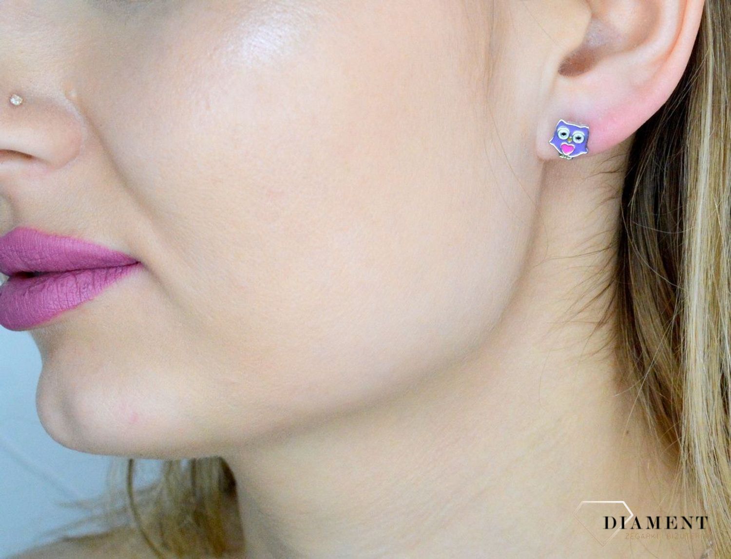 Srebrne kolczyki dziecięce 925 fioletowe sowy JMAD0041SE00.jpg