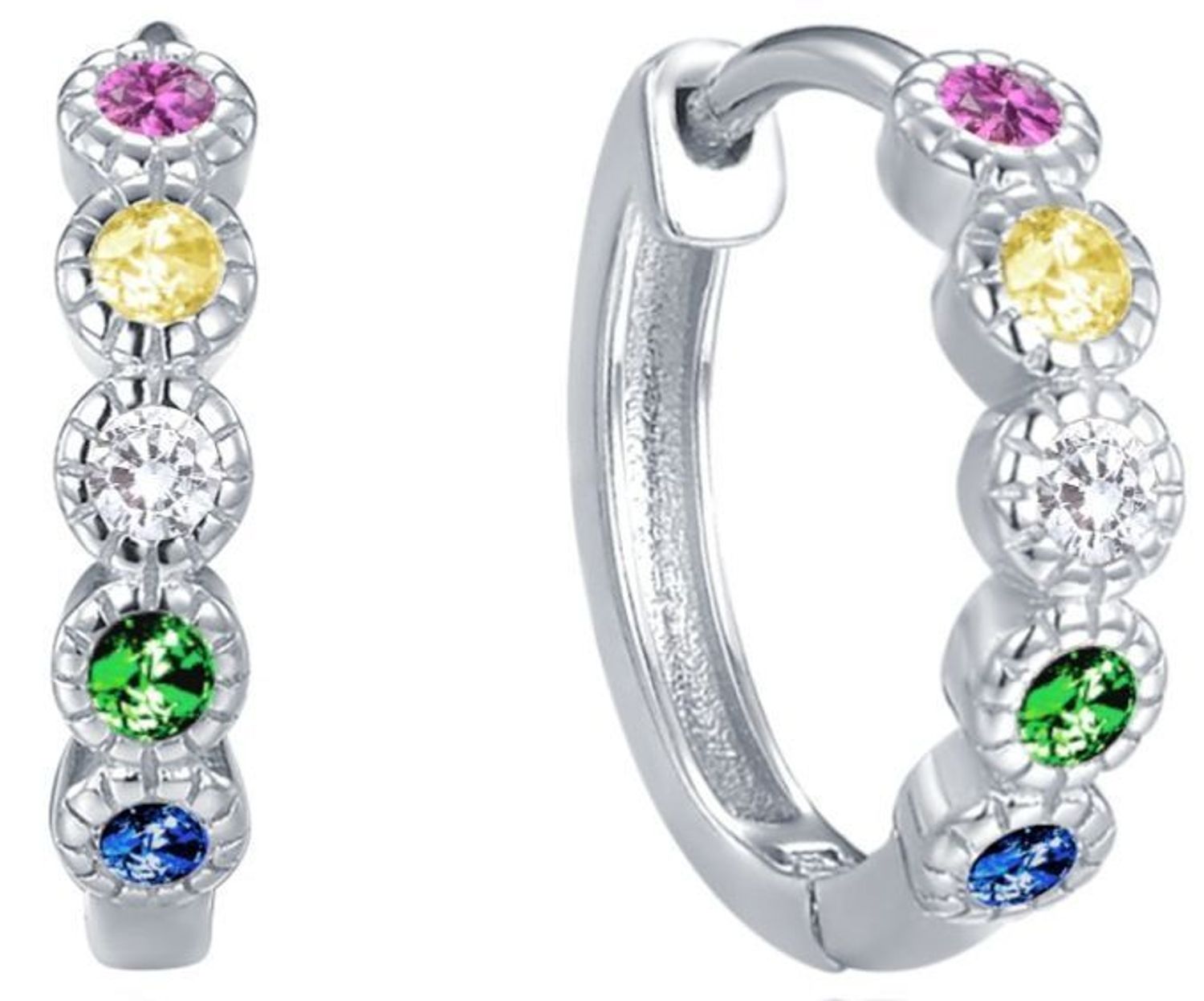 Dziecięce kolczyki MINET z rodowanego srebra 925 ozdobione wielokolorowymi cyrkoniami. Bezpieczne zapięcie i bajeczny blask – idealne na co dzień i wyjątkowe okazje.1.jpg