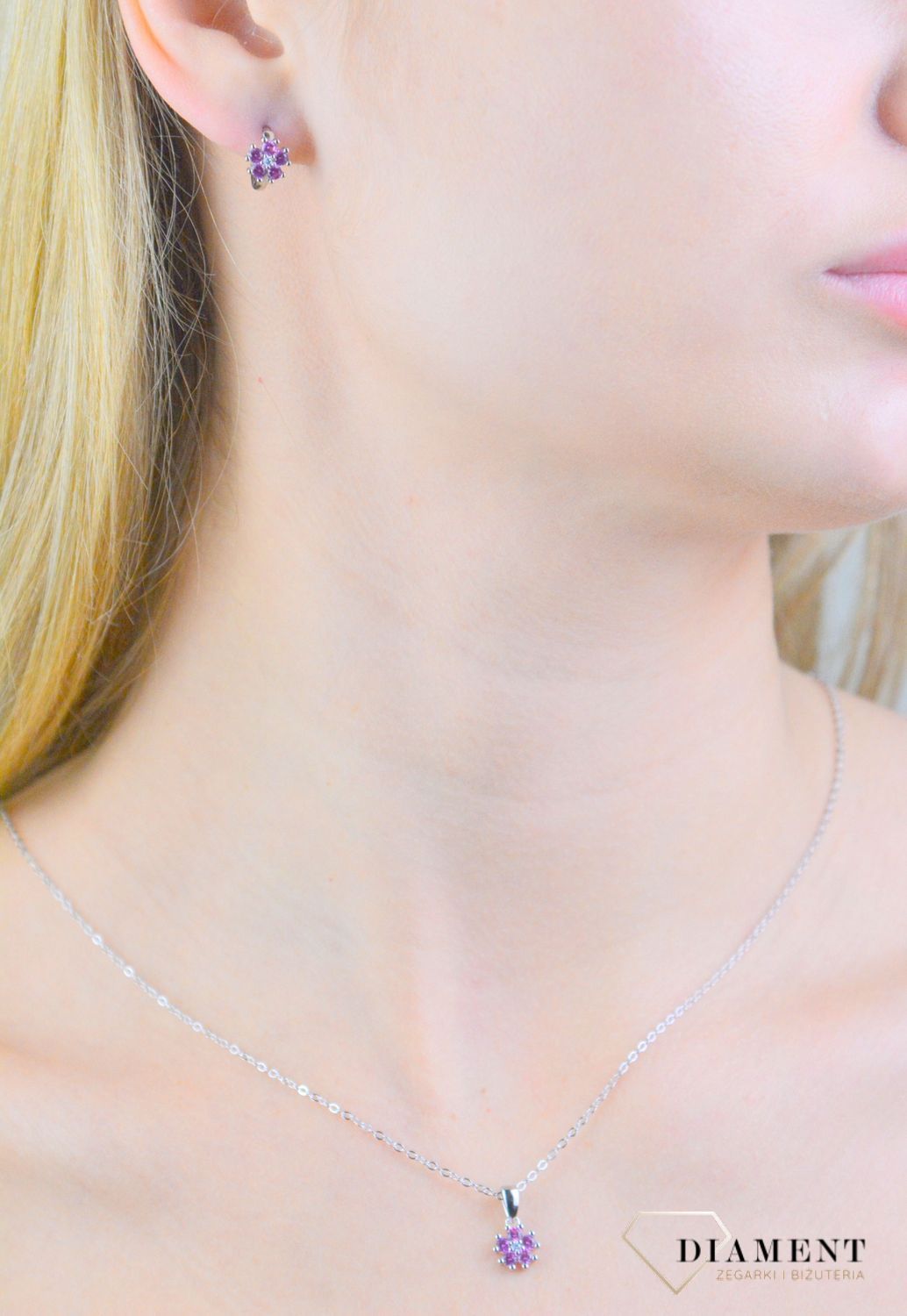 Kolczyki kółeczka kwiatki z cyrkonią różową próba 925, JMAD0055PE00.jpg